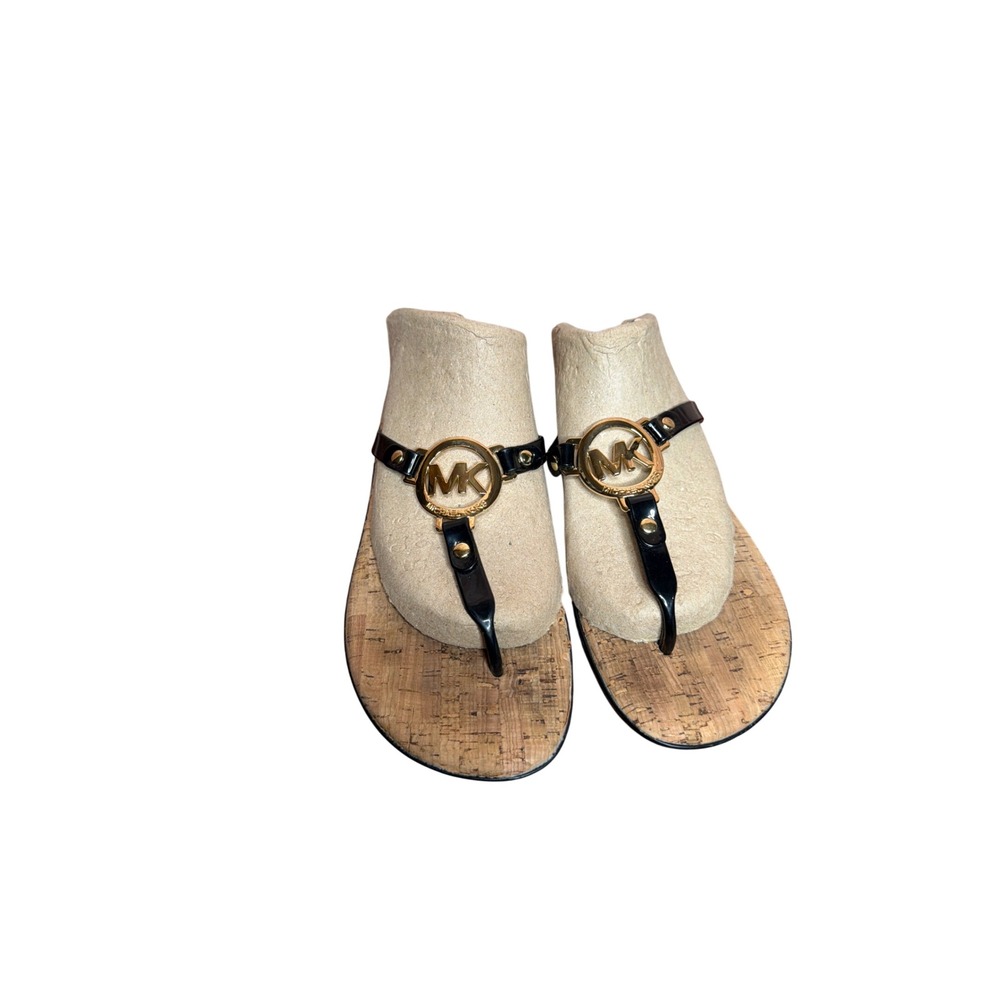 Michael Kors Womens Black Patent Cork Thong Sandals Gold MK Logo Flats Size 6M